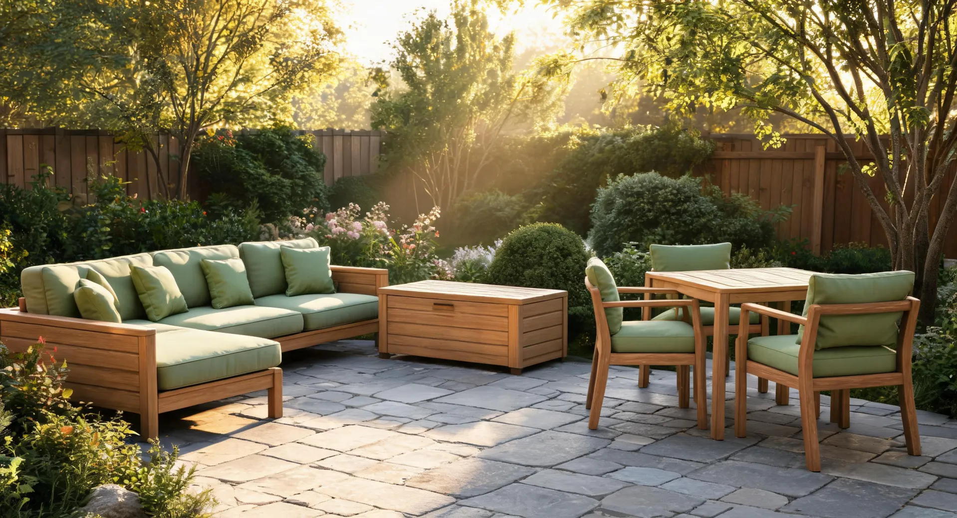Devoko patio furniture and storage staged in a landscaped backyard