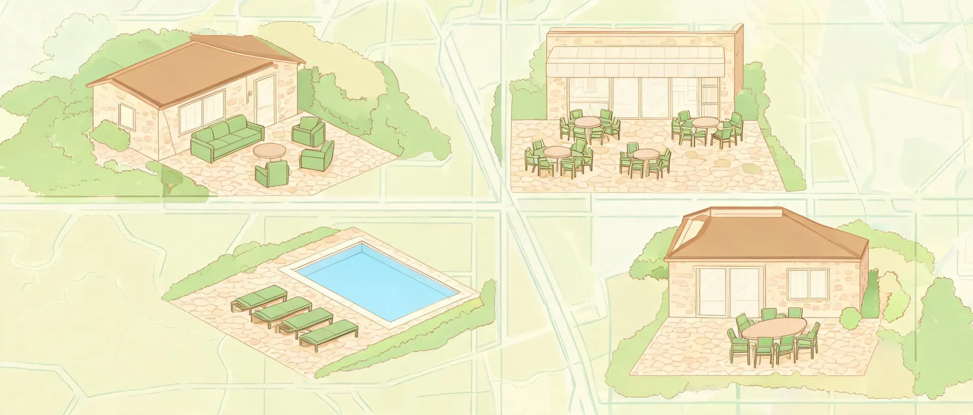 Map style overview of patios, rentals, cafes, and pool decks using Devoko furniture