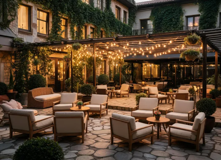Hospitality terrace using outdoor lounge chairs